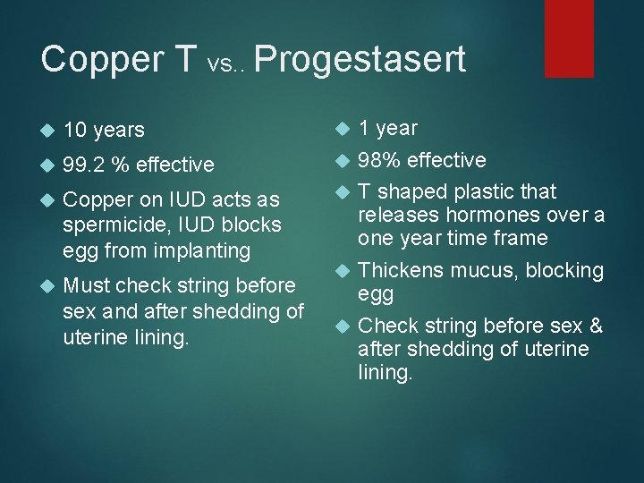 Copper T vs. . Progestasert 10 years 99. 2 % effective Copper on IUD