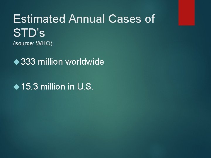 Estimated Annual Cases of STD’s (source: WHO) 333 15. 3 million worldwide million in