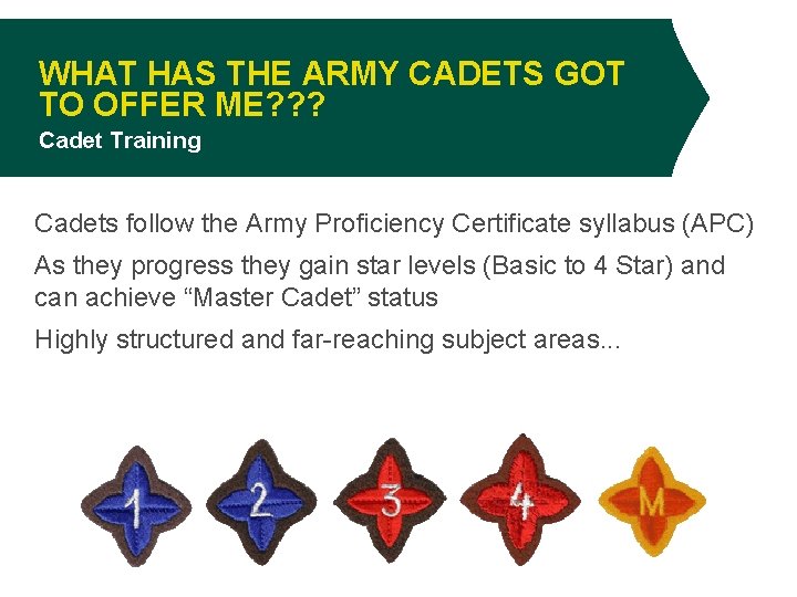 WHAT HAS THE ARMY CADETS GOT TO OFFER ME? ? ? Cadet Training Cadets