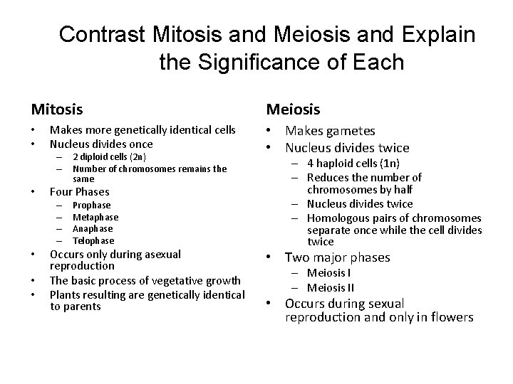 Contrast Mitosis and Meiosis and Explain the Significance of Each Mitosis • • Makes