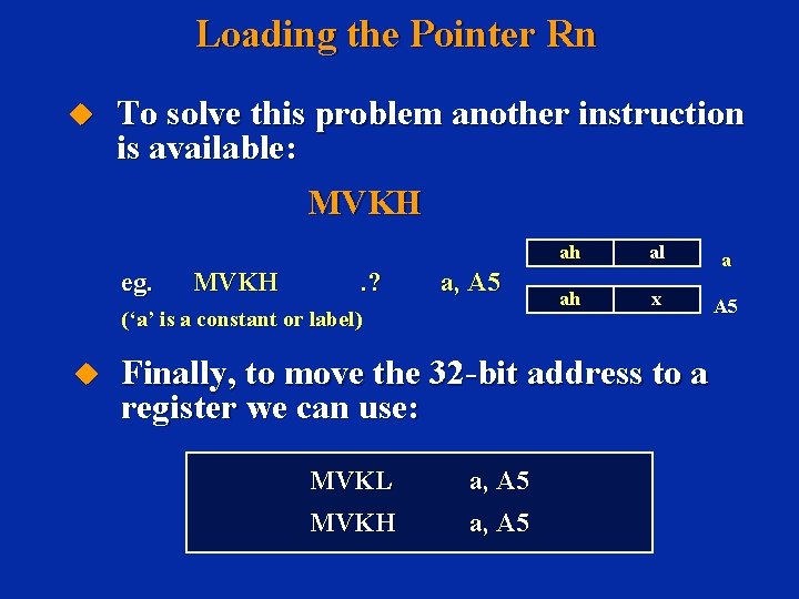 Loading the Pointer Rn u To solve this problem another instruction is available: MVKH