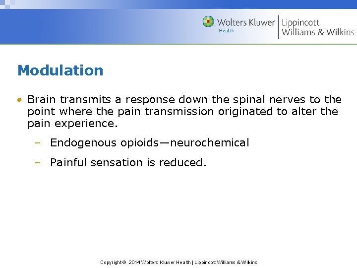 Modulation • Brain transmits a response down the spinal nerves to the point where