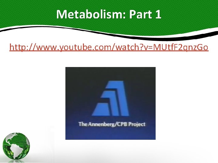 Metabolism: Part 1 http: //www. youtube. com/watch? v=MUtf. F 2 qnz. Go 