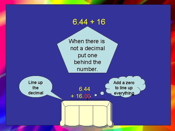 6. 44 + 16 When there is not a decimal put one behind the