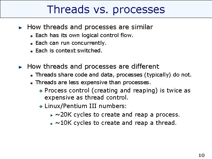 Threads vs. processes How threads and processes are similar Each has its own logical
