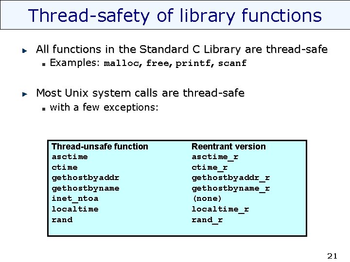 Thread-safety of library functions All functions in the Standard C Library are thread-safe Examples: