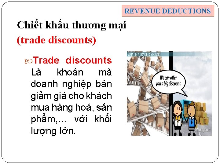 REVENUE DEDUCTIONS Chiết khấu thương mại (trade discounts) Trade discounts Là khoản mà doanh