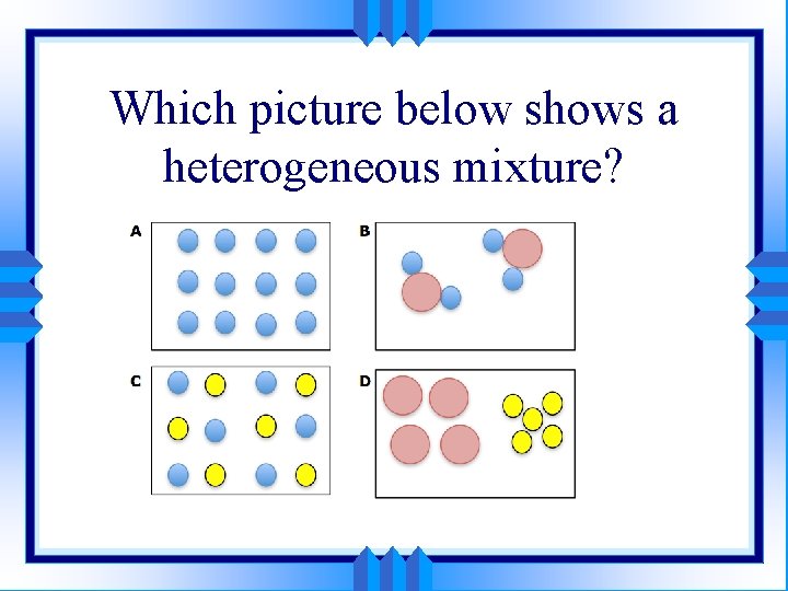 Which picture below shows a heterogeneous mixture? 