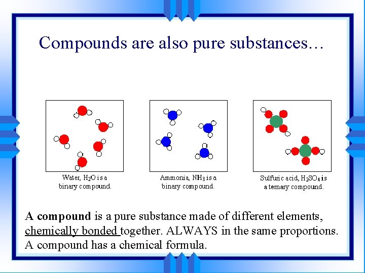 Compounds are also pure substances… A compound is a pure substance made of different