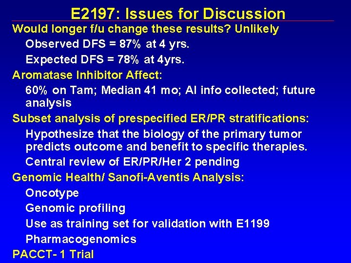 E 2197: Issues for Discussion Would longer f/u change these results? Unlikely Observed DFS
