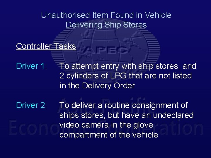 Unauthorised Item Found in Vehicle Delivering Ship Stores Controller Tasks Driver 1: To attempt