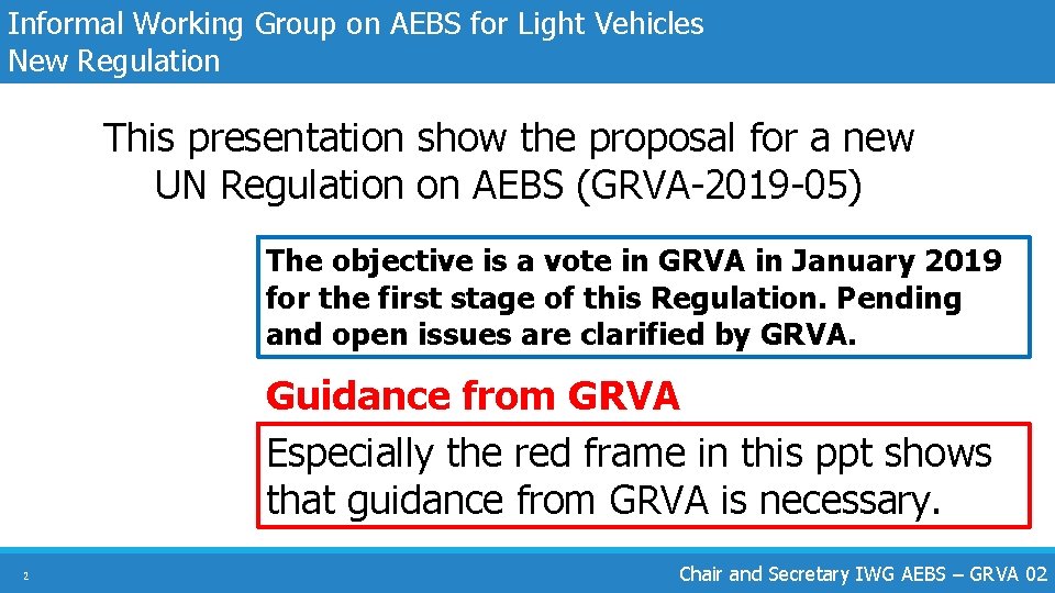 Informal Working Group on AEBS for Light Vehicles New Regulation This presentation show the