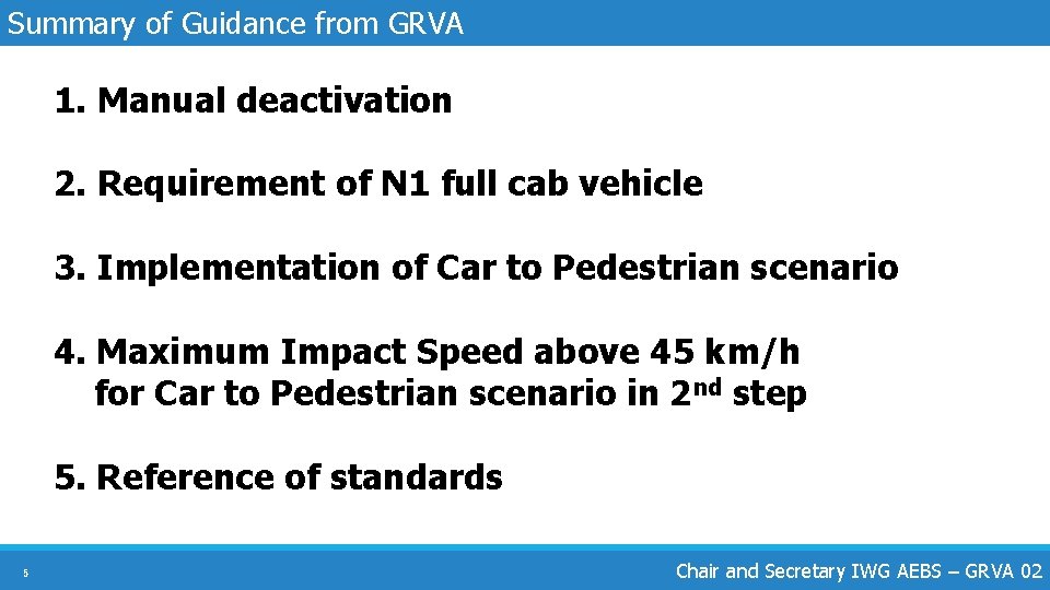 Summary of Guidance from GRVA 1. Manual deactivation 2. Requirement of N 1 full