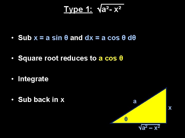 Type 1: a²- x² • Sub x = a sin θ and dx = Type 1: a²- x² • Sub x = a sin θ and dx =