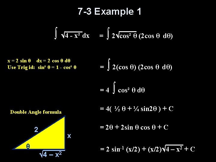 7 -3 Example 1 ∫ 4 - x² dx x = 2 sin θ 7 -3 Example 1 ∫ 4 - x² dx x = 2 sin θ