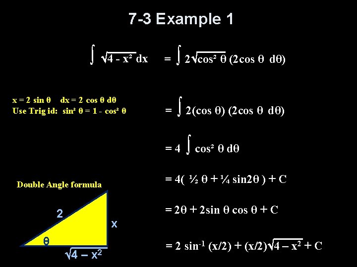 7 -3 Example 1 ∫ 4 - x² dx x = 2 sin θ