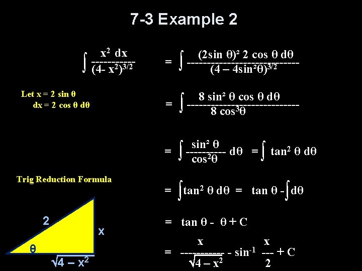7 -3 Example 2 ∫ x 2 dx -----(4 - x 2)3/2 Let x