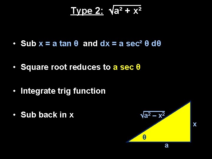 Type 2: a² + x² • Sub x = a tan θ and dx Type 2: a² + x² • Sub x = a tan θ and dx