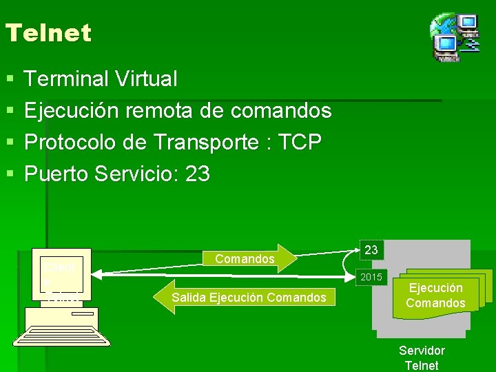 Telnet § § Terminal Virtual Ejecución remota de comandos Protocolo de Transporte : TCP