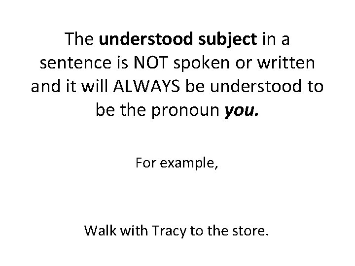 The understood subject in a sentence is NOT spoken or written and it will