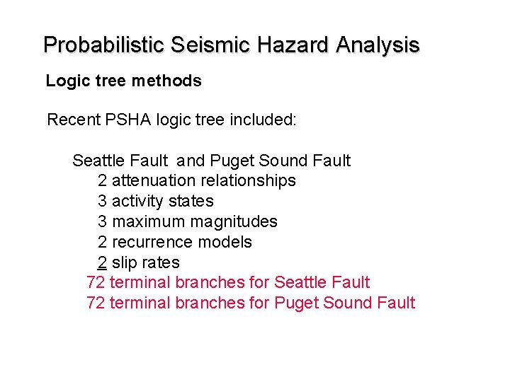 Probabilistic Seismic Hazard Analysis Logic tree methods Recent PSHA logic tree included: Seattle Fault