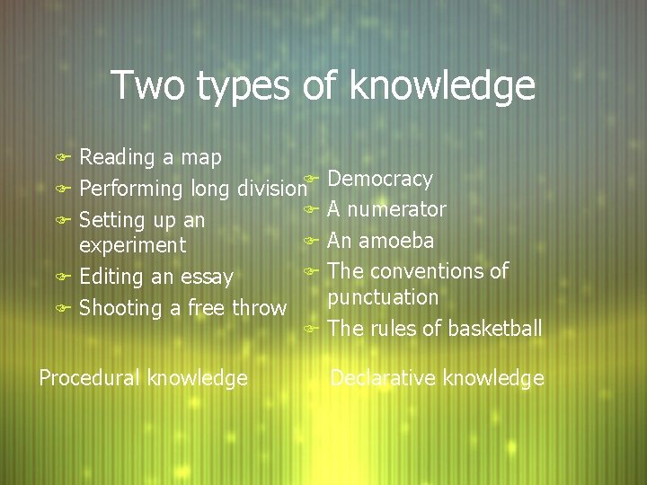 Two types of knowledge F Reading a map F Democracy F Performing long division Two types of knowledge F Reading a map F Democracy F Performing long division