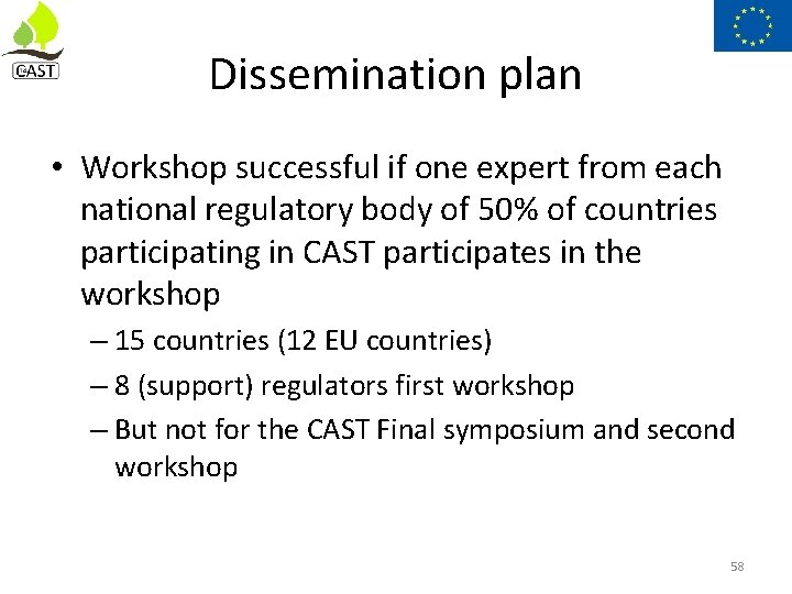 Dissemination plan • Workshop successful if one expert from each national regulatory body of