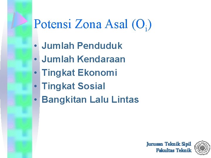 Potensi Zona Asal (Oi) • • • Jumlah Penduduk Jumlah Kendaraan Tingkat Ekonomi Tingkat