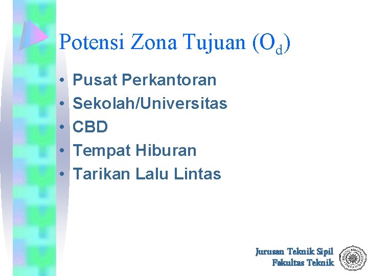 Potensi Zona Tujuan (Od) • • • Pusat Perkantoran Sekolah/Universitas CBD Tempat Hiburan Tarikan