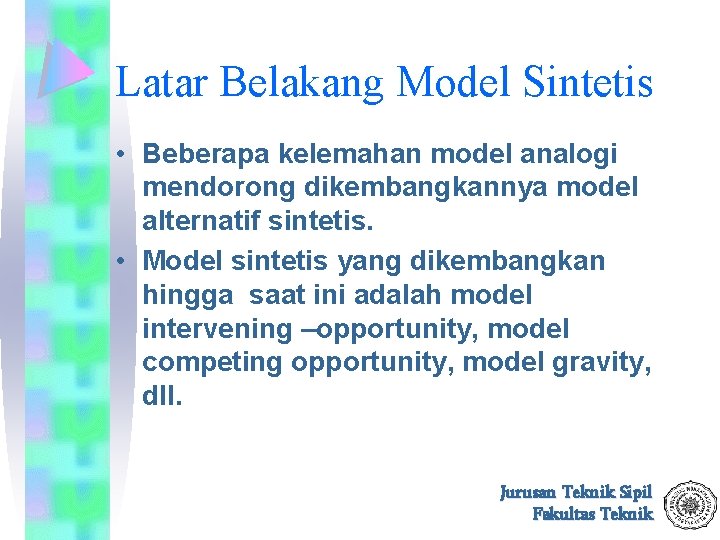 Latar Belakang Model Sintetis • Beberapa kelemahan model analogi mendorong dikembangkannya model alternatif sintetis.