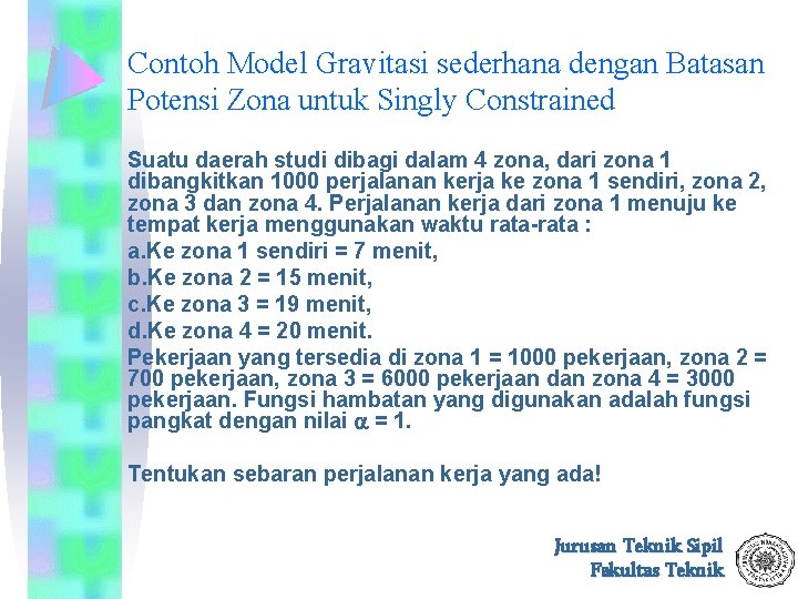 Contoh Model Gravitasi sederhana dengan Batasan Potensi Zona untuk Singly Constrained Suatu daerah studi