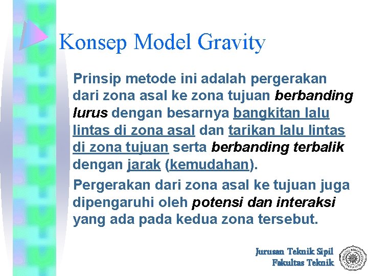 Konsep Model Gravity Prinsip metode ini adalah pergerakan dari zona asal ke zona tujuan