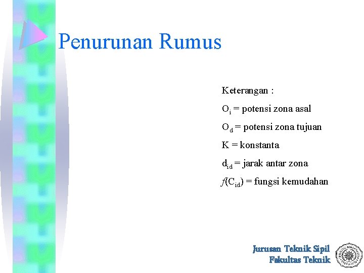Penurunan Rumus Keterangan : Oi = potensi zona asal Od = potensi zona tujuan