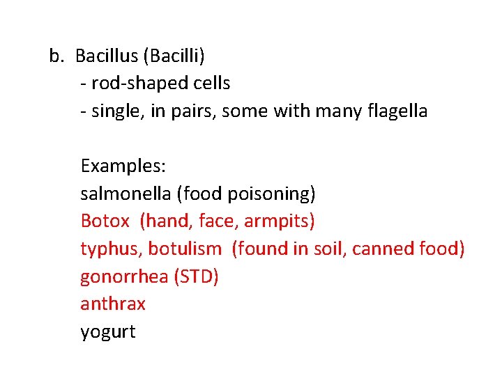 b. Bacillus (Bacilli) - rod-shaped cells - single, in pairs, some with many flagella
