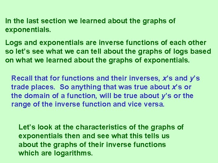 In the last section we learned about the graphs of exponentials. Logs and exponentials