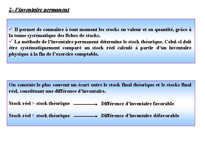 2 - l’inventaire permanent ü Il permet de connaître à tout moment les stocks