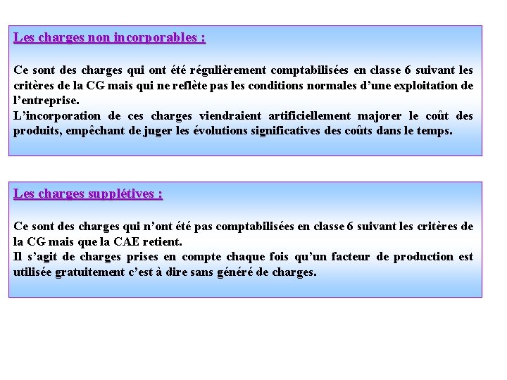 Les charges non incorporables : Ce sont des charges qui ont été régulièrement comptabilisées