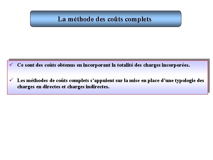 La méthode des coûts complets ü Ce sont des coûts obtenus en incorporant la