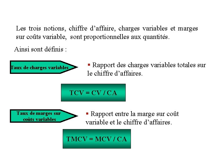 Les trois notions, chiffre d’affaire, charges variables et marges sur coûts variable, sont proportionnelles