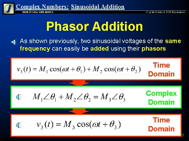 Complex Numbers: Sinusoidal Addition Phasor Addition n As shown previously, two sinusoidal voltages of