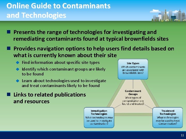 Online Guide to Contaminants and Technologies Presents the range of technologies for investigating and