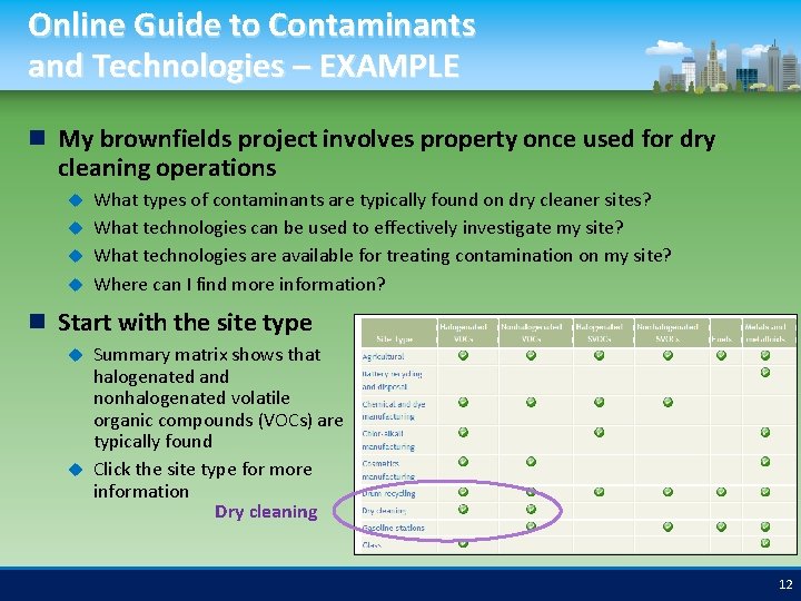 Online Guide to Contaminants and Technologies – EXAMPLE My brownfields project involves property once