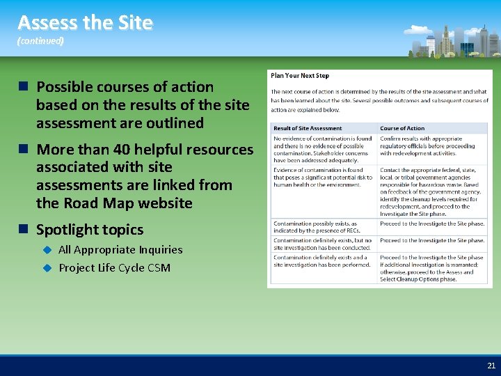 Assess the Site (continued) Possible courses of action based on the results of the