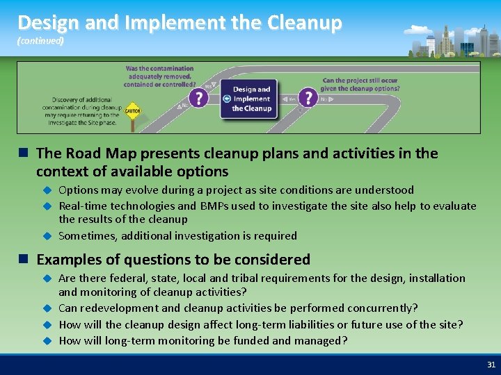 Design and Implement the Cleanup (continued) The Road Map presents cleanup plans and activities