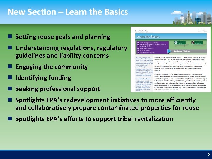 New Section – Learn the Basics Setting reuse goals and planning Understanding regulations, regulatory