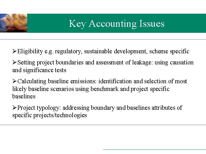 Key Accounting Issues ØEligibility e. g. regulatory, sustainable development, scheme specific ØSetting project boundaries