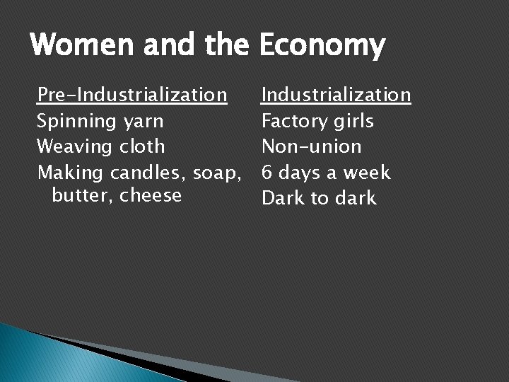 Women and the Economy Pre-Industrialization Spinning yarn Weaving cloth Making candles, soap, butter, cheese