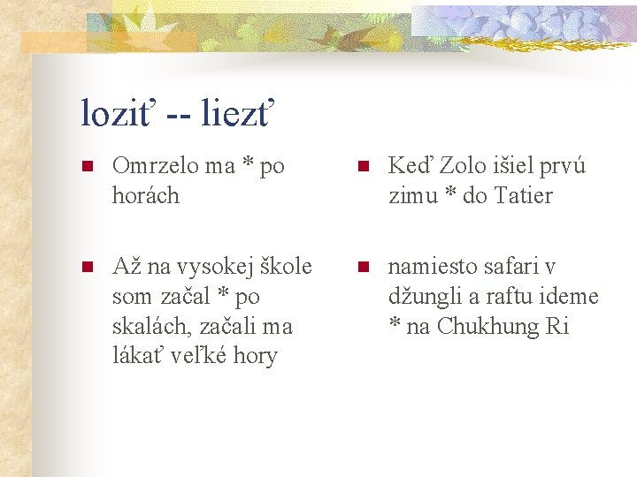loziť -- liezť n Omrzelo ma * po horách n Keď Zolo išiel prvú loziť -- liezť n Omrzelo ma * po horách n Keď Zolo išiel prvú