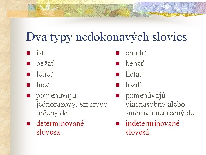 Dva typy nedokonavých slovies n n n ísť bežať letieť liezť pomenúvajú jednorazový, smerovo Dva typy nedokonavých slovies n n n ísť bežať letieť liezť pomenúvajú jednorazový, smerovo