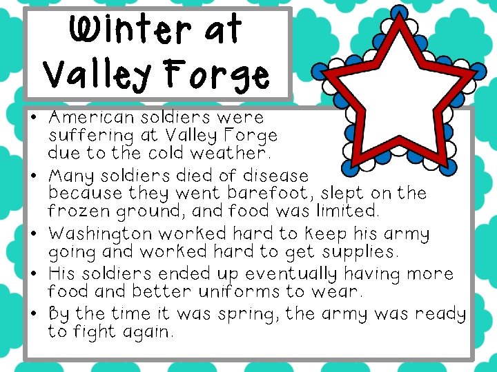 Winter at Valley Forge • American soldiers were suffering at Valley Forge due to